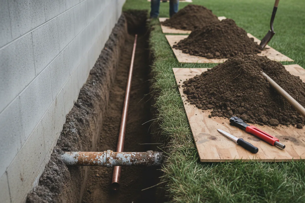 Excavated water line trench during Water Softener Installation in Wetumpka